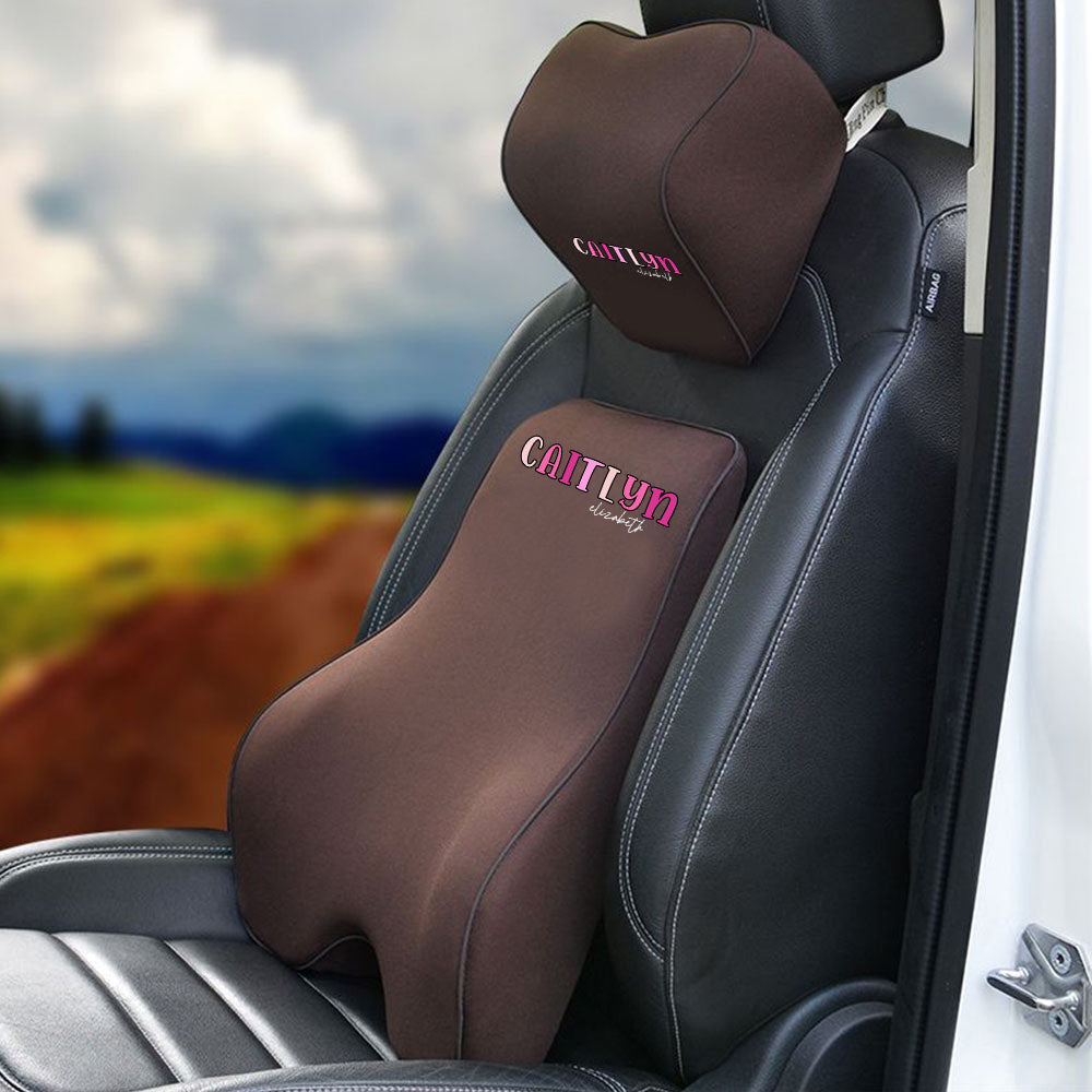 Custom Name Lumbar Support Cushion for Car and Headrest Neck Pillow Kit, Personalized Gift, Custom For Cars, Ergonomically Design for Car Seat, Car Accessories, Personalised Lumbar Support Cushion, Name Lumbar Support Cushion L4 - Delicate Leather