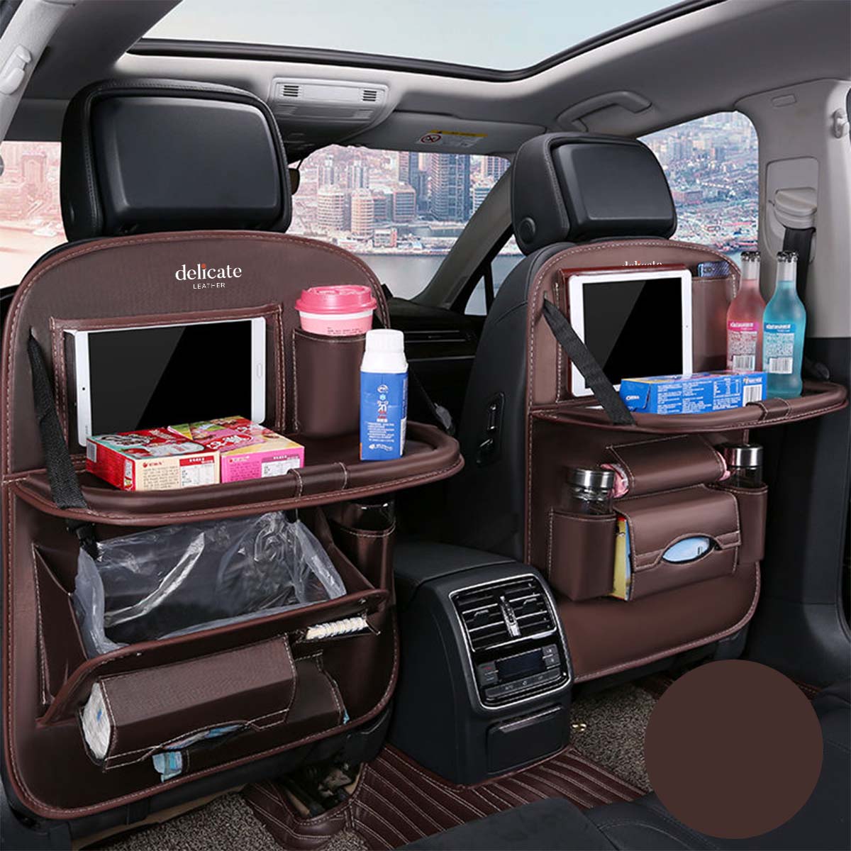 Backseat Organizer With Tablet Holder PU Leather, Custom Fit For Your Cars, Backseat Car Organizer, Car Seat Back Protectors Kick With Foldable Table Tray Car Seat Organizer, Car Accessories CA15987 - Delicate Leather