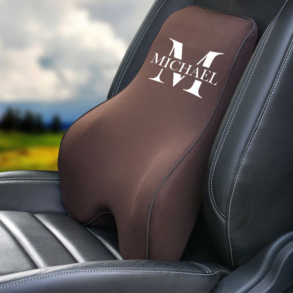 Personalized Name Sign Lumbar Support Cushion for Car and Headrest Neck Pillow Kit, Ergonomically Design for Car Seat, Gift For Father's Day 2025, Gift For Dad - Delicate Leather