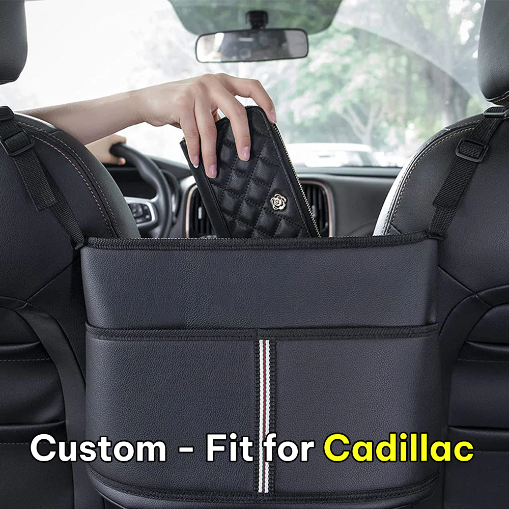 Car Purse Holder for Car Handbag Holder Between Seats Premium PU Leather, Custom Fit For Cadillac, Hanging Car Purse Storage Pocket Back Seat Pet Barrier DLCA223 - Delicate Leather