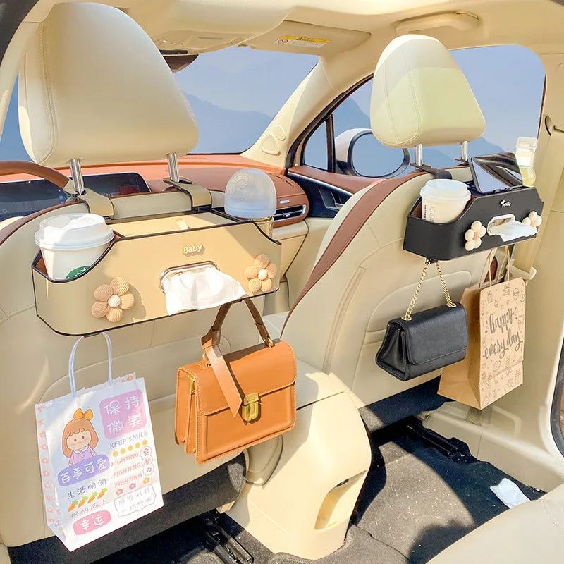 Car Seat Back Storage Rack - Cute Multifunctional Storage Box with Water Cup Holder and Tissue Box - Delicate Leather