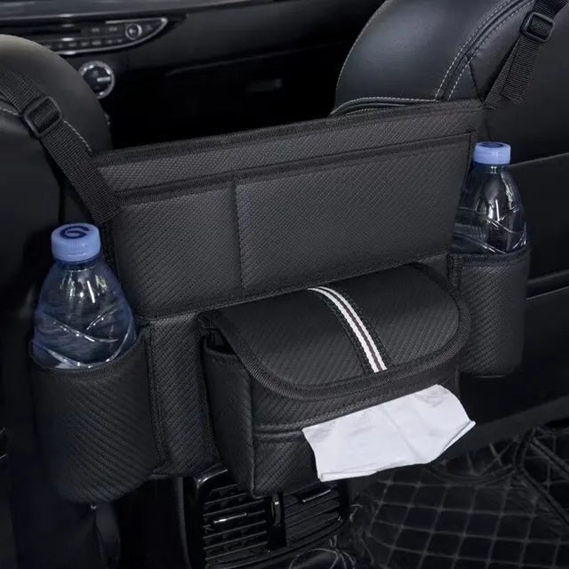 Car Seat Middle Hanger Storage Bag - Auto Handbag Holder Between Seats with Tissue and Water Cup Pockets - Interior Stowing and Tidying Solution - Delicate Leather