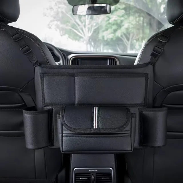 Car Seat Middle Hanger Storage Bag - Auto Handbag Holder Between Seats with Tissue and Water Cup Pockets - Interior Stowing and Tidying Solution - Delicate Leather