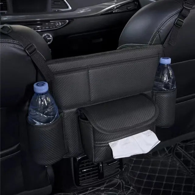 Car Seat Middle Hanger Storage Bag - Auto Handbag Holder Between Seats with Tissue and Water Cup Pockets - Interior Stowing and Tidying Solution - Delicate Leather