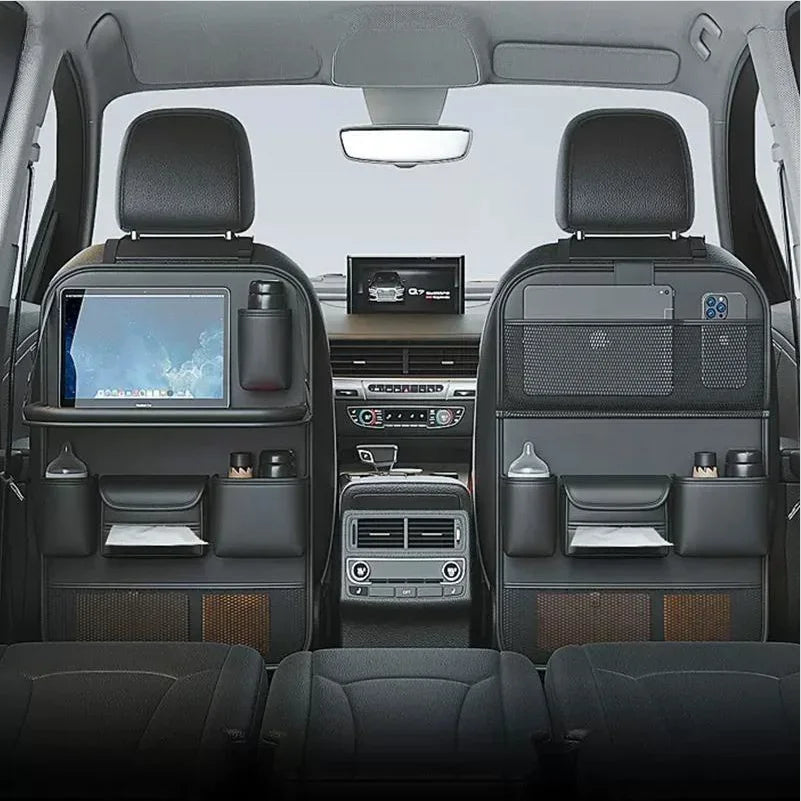 Carfriend Car Backseat Organizer with Foldable Tablet Tray - PU Leather Seat Back Protector and Anti-Kick Mats, Custom Fit For Your Cars, Car Accessories - Delicate Leather