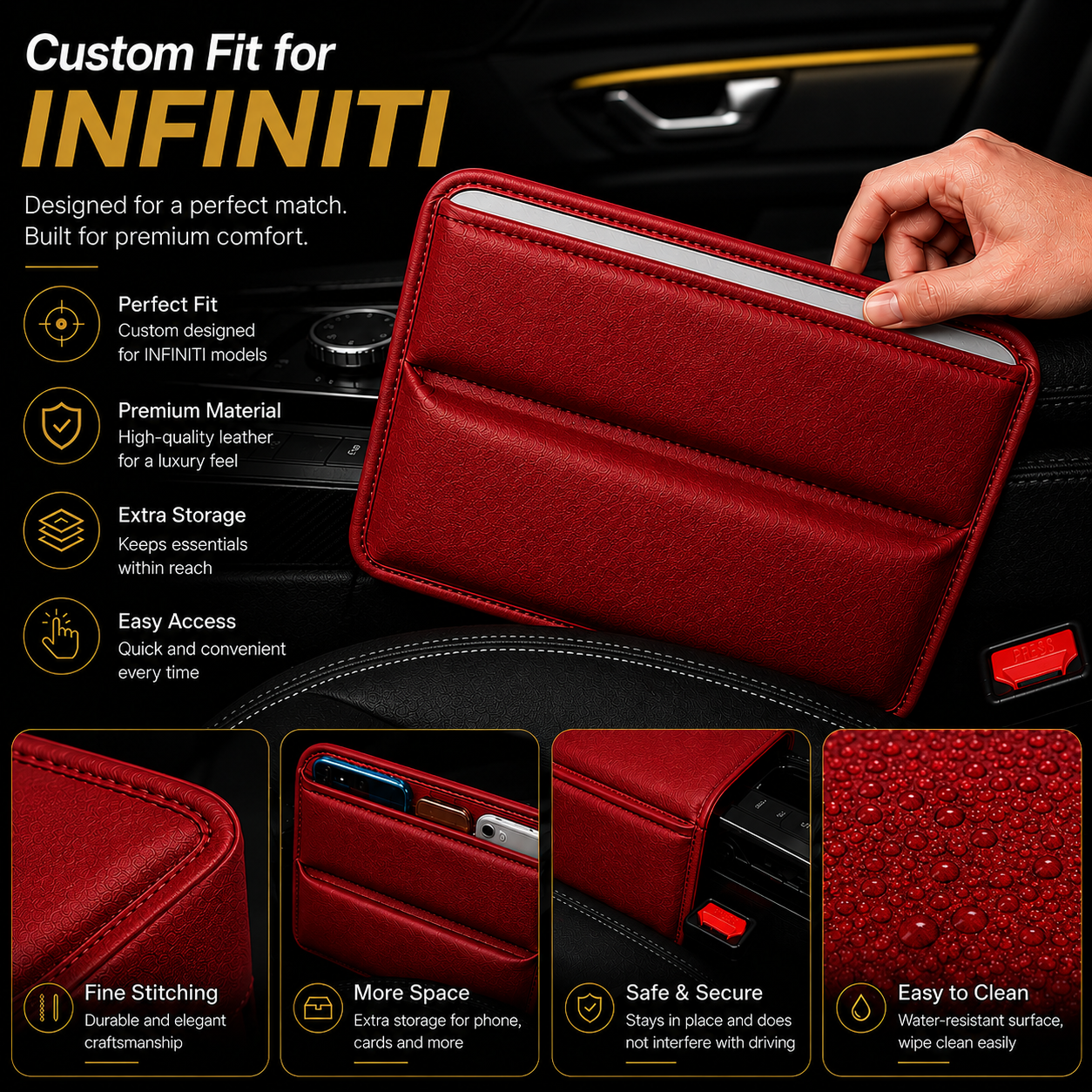 Custom Fit for INFINITI Car Seat Gap Filler Organizer – PU Leather Console Side Pocket Storage Organizer for Phone, Wallet, Keys, Cards & Small Essentials - Delicate Leather