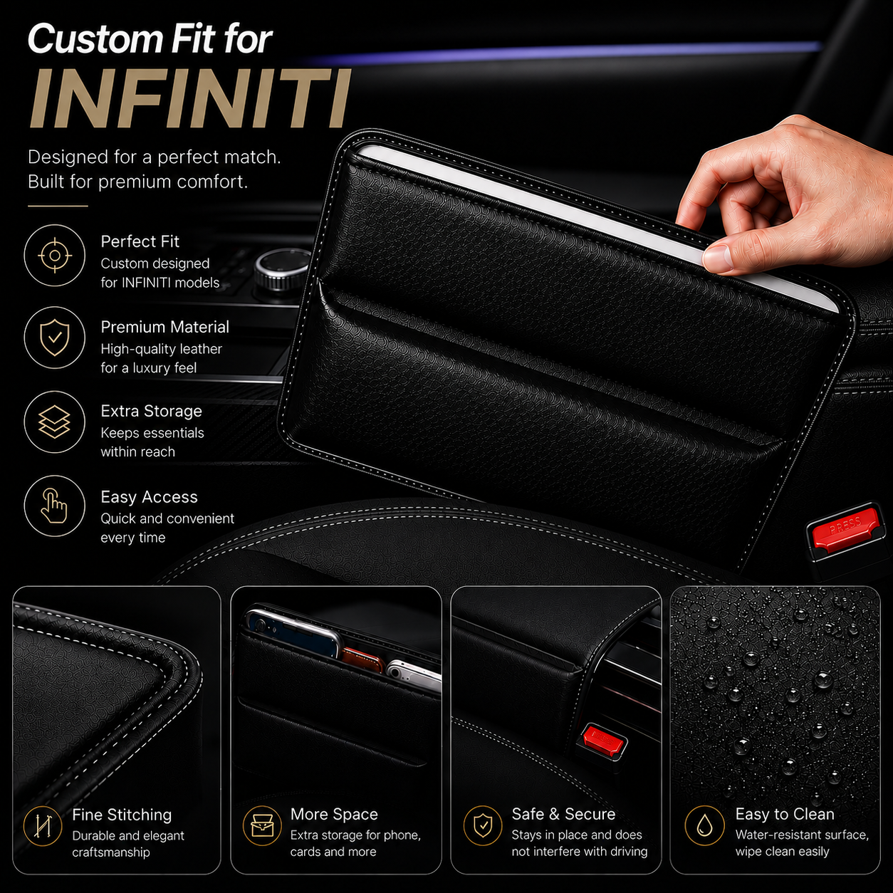 Custom Fit for INFINITI Car Seat Gap Filler Organizer – PU Leather Console Side Pocket Storage Organizer for Phone, Wallet, Keys, Cards & Small Essentials - Delicate Leather