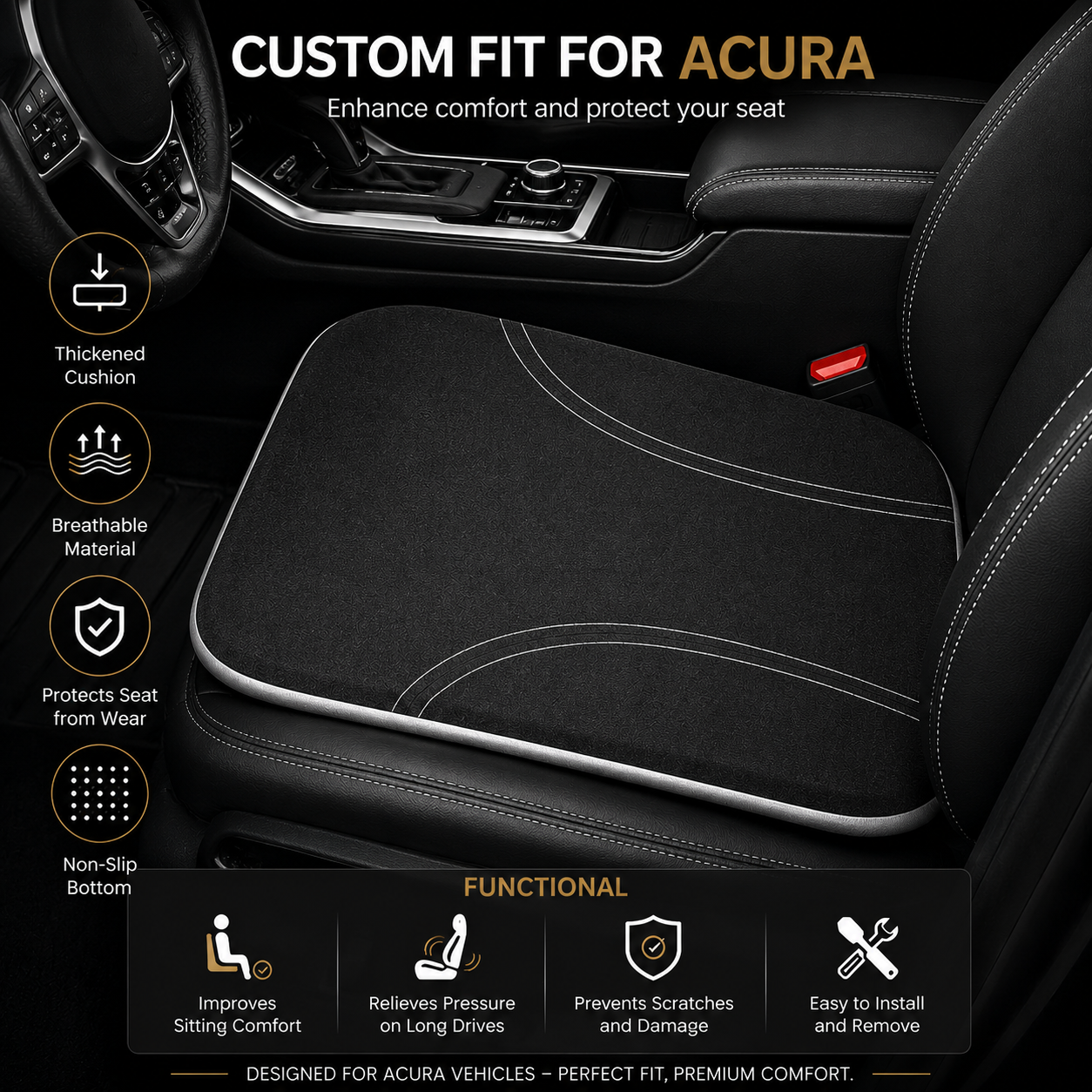Acura Memory Foam Car Seat Cushion – Height-Boosting Comfort Seat Pad, Custom Fit Interior Accessory - Delicate Leather