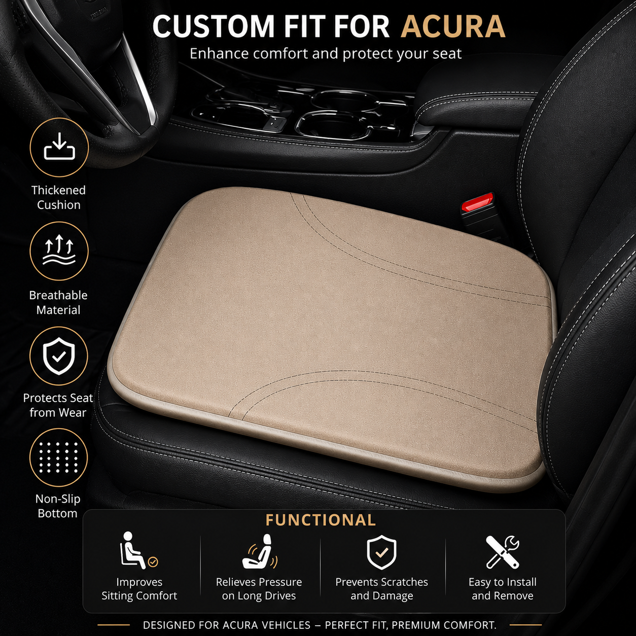 Acura Memory Foam Car Seat Cushion – Height-Boosting Comfort Seat Pad, Custom Fit Interior Accessory - Delicate Leather