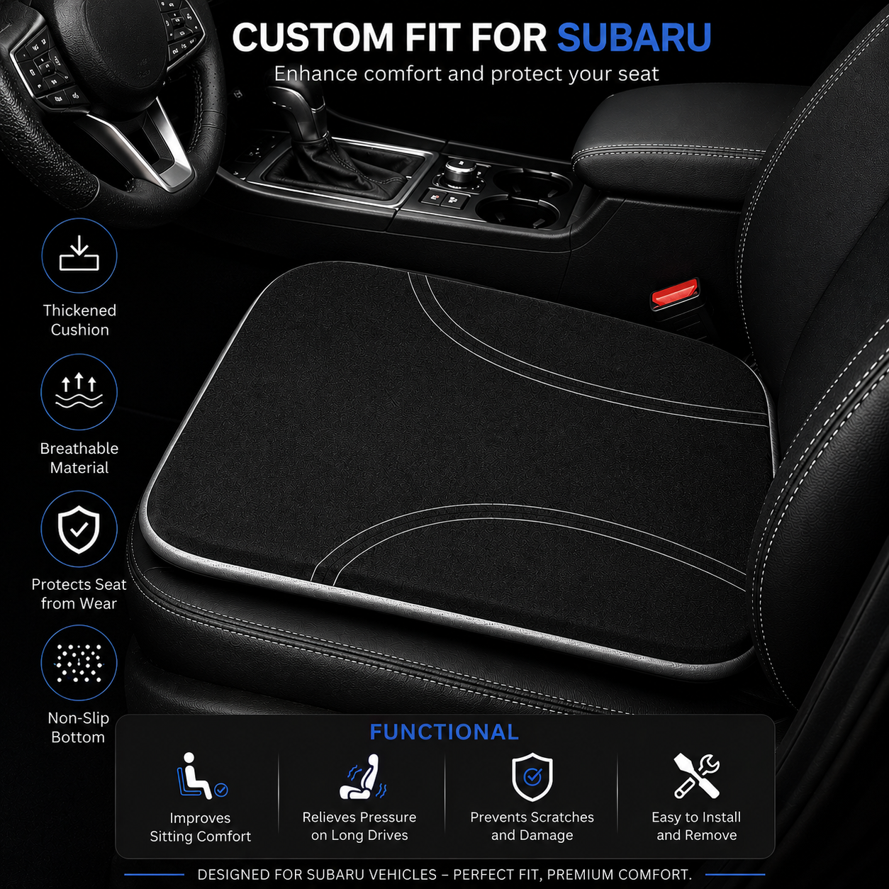 Subaru Car Seat Cushion, Custom Fit for Subaru, Memory Foam Seat Cushion for Car, Office Chair & Daily Driving Comfort - Delicate Leather