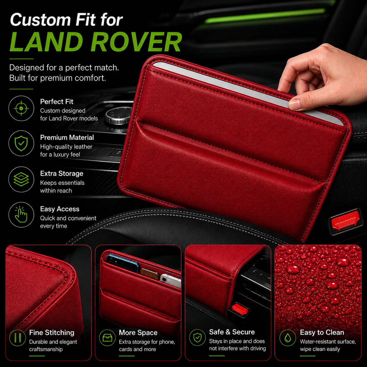 Car Seat Gap Filler Organizer, Custom Fit for Land Rover, PU Leather Console Side Pocket Storage Organizer for Phone, Cards, Wallet, Keys, Car Interior Accessories - Delicate Leather