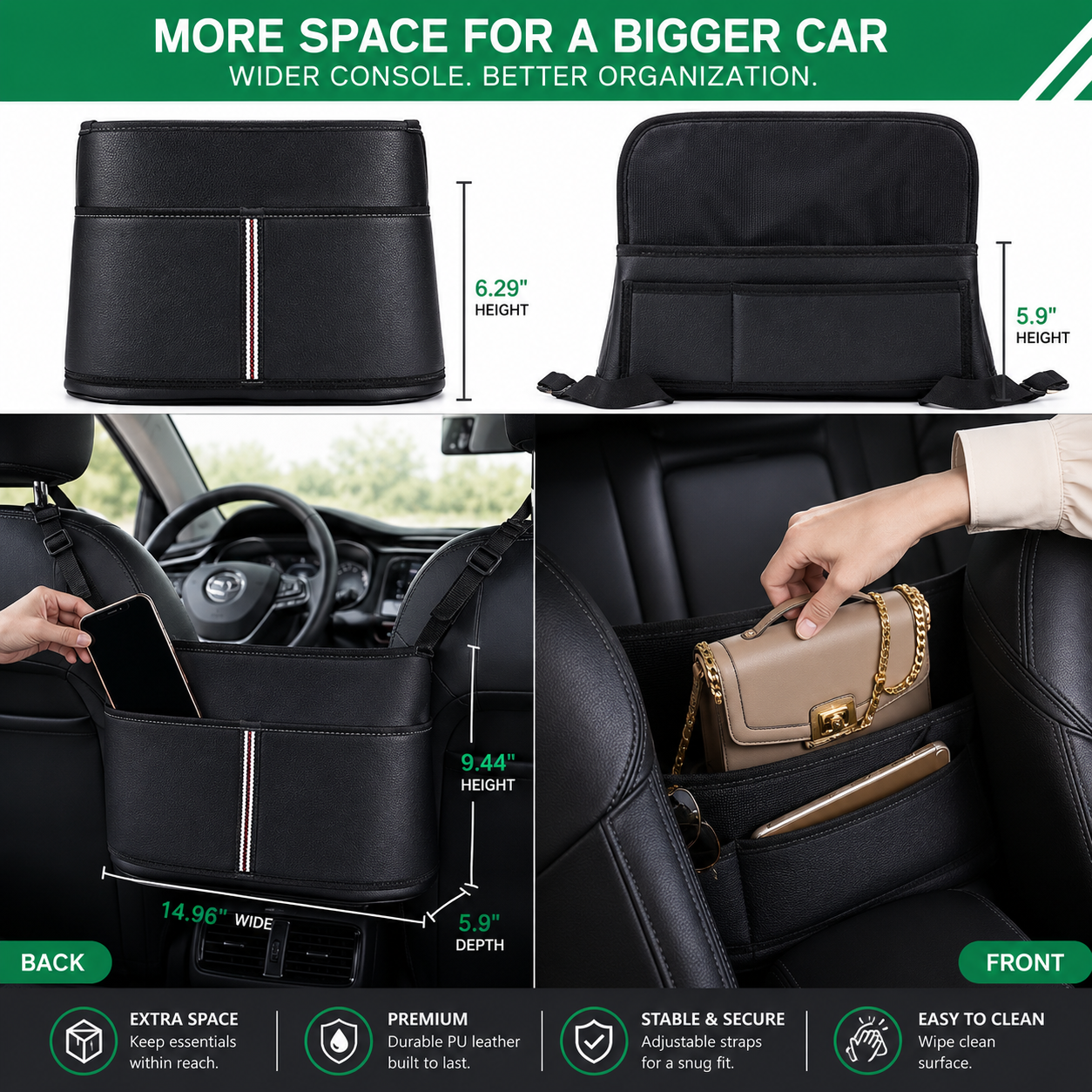 Custom Fit for Mercedes-Benz Car Purse Holder Between Seats – Premium PU Leather Handbag Organizer, Back Seat Storage Pocket & Pet - Delicate Leather