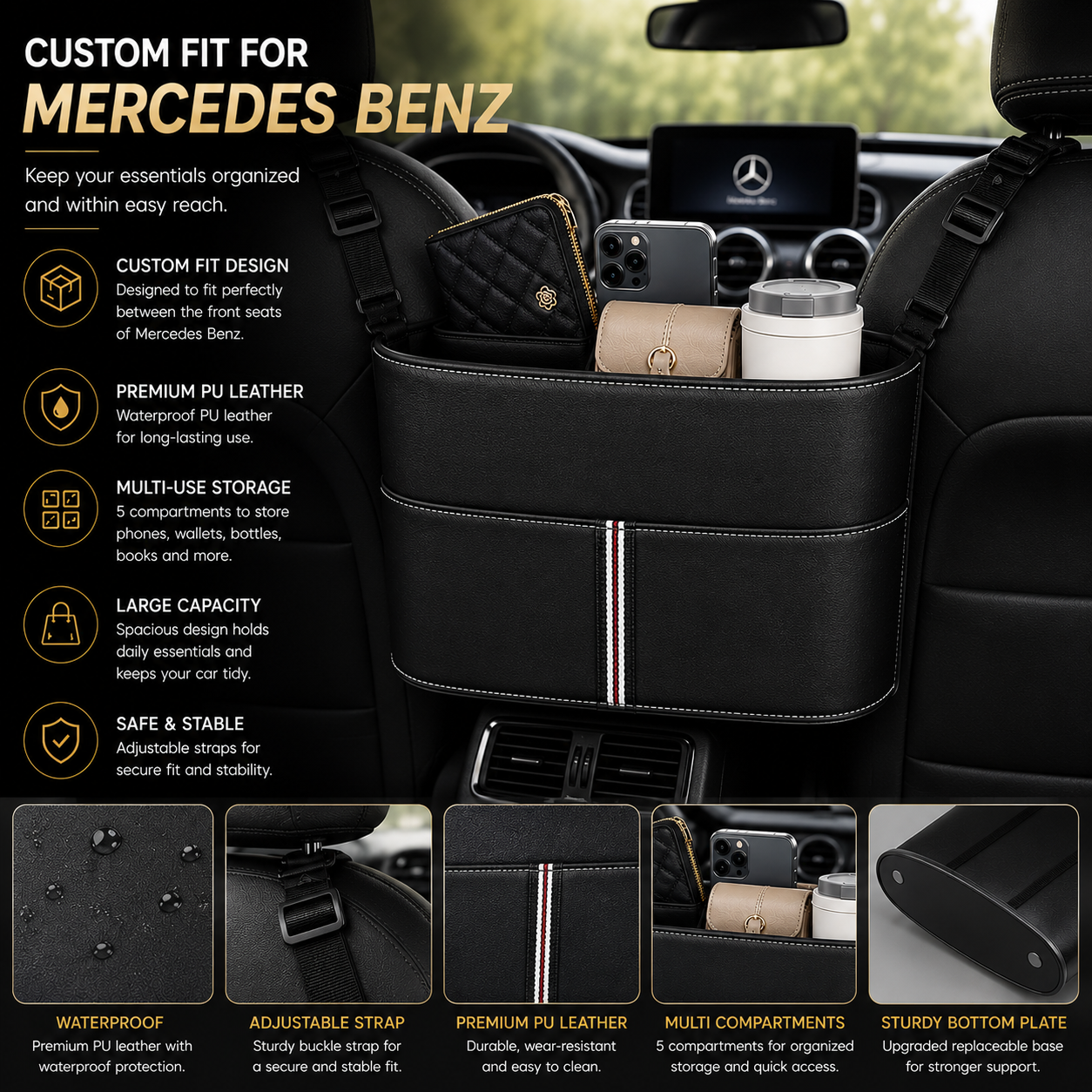 Custom Fit for Mercedes-Benz Car Purse Holder Between Seats – Premium PU Leather Handbag Organizer, Back Seat Storage Pocket & Pet - Delicate Leather