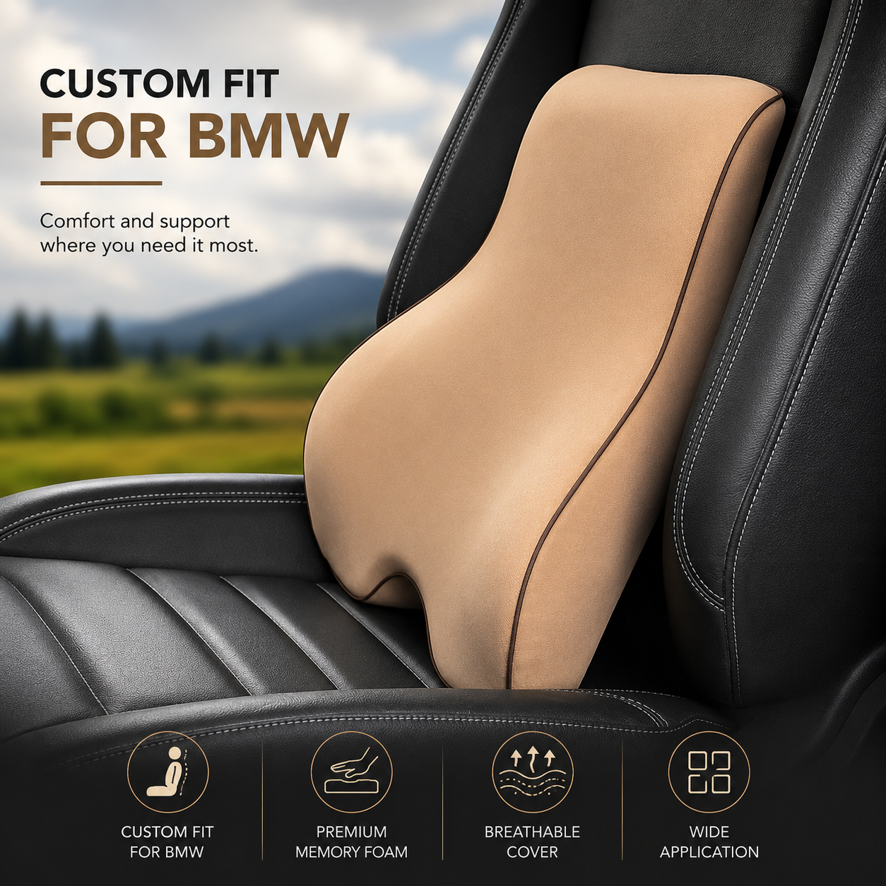 Custom Fit for BMW Lumbar Support Cushion & Headrest Neck Pillow Set – Ergonomic Memory Foam Car Seat Support for Enhanced Driving Comfort - Delicate Leather