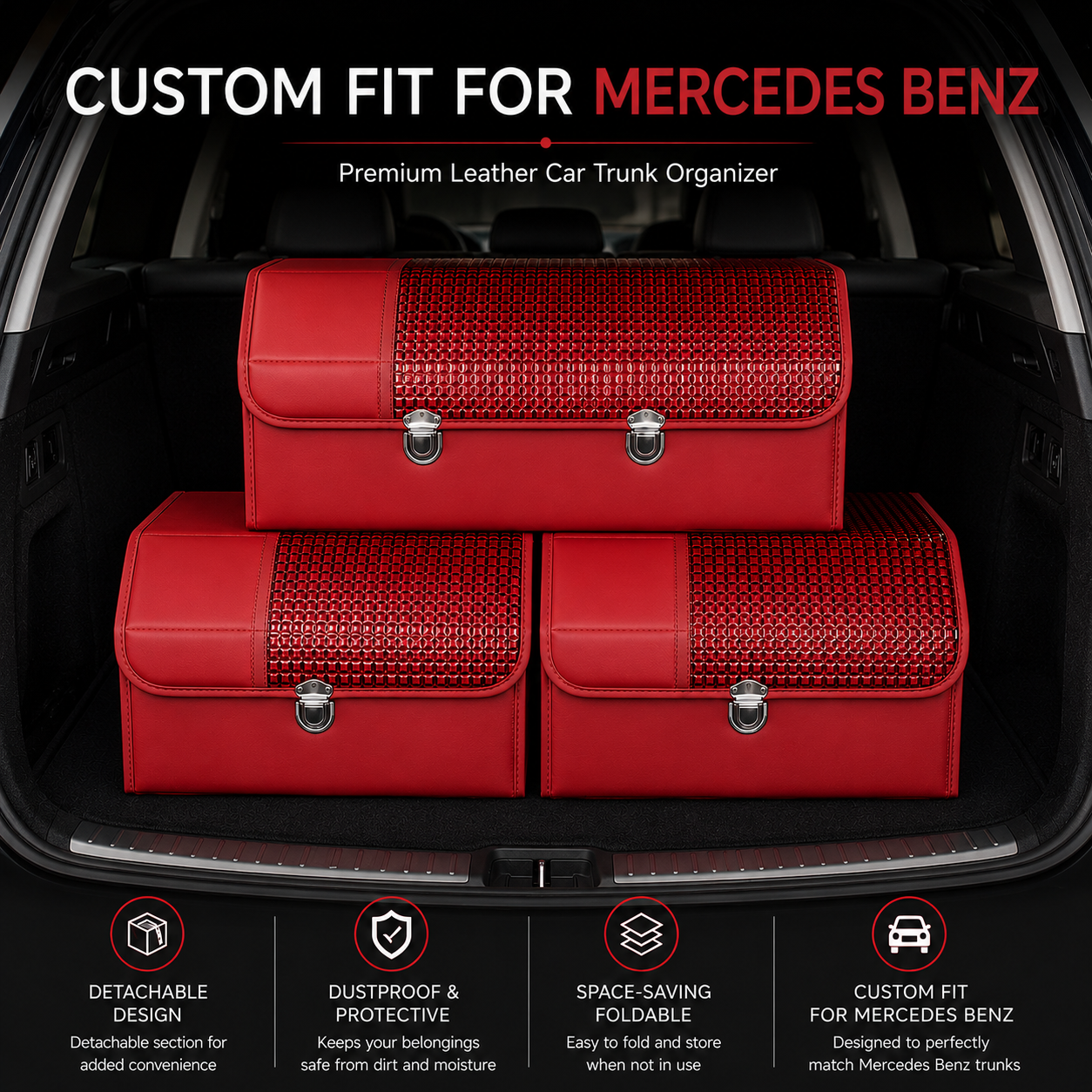Custom Fit for Mercedes-Benz Trunk Organizer – Foldable Car Cargo Storage Box with Detachable Lid, Premium Leather SUV Boot Organizer, Car Interior Accessories - Delicate Leather