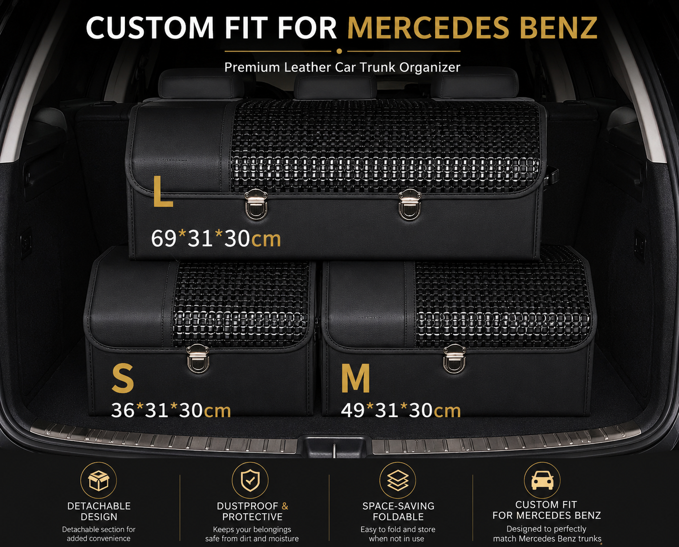 Custom Fit for Mercedes-Benz Trunk Organizer – Foldable Car Cargo Storage Box with Detachable Lid, Premium Leather SUV Boot Organizer, Car Interior Accessories - Delicate Leather