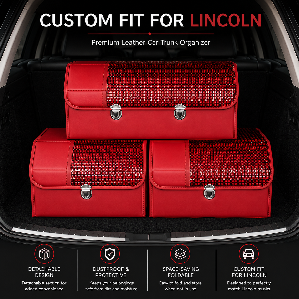 Custom Fit for Lincoln Leather Car Trunk Organizer Box, Foldable Storage Organizer with Dustproof Lid, Large Capacity Cargo Storage Case - Delicate Leather