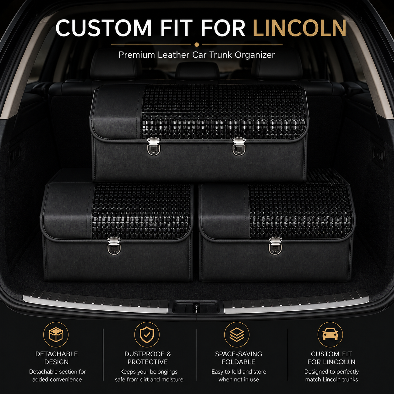 Custom Fit for Lincoln Leather Car Trunk Organizer Box, Foldable Storage Organizer with Dustproof Lid, Large Capacity Cargo Storage Case - Delicate Leather