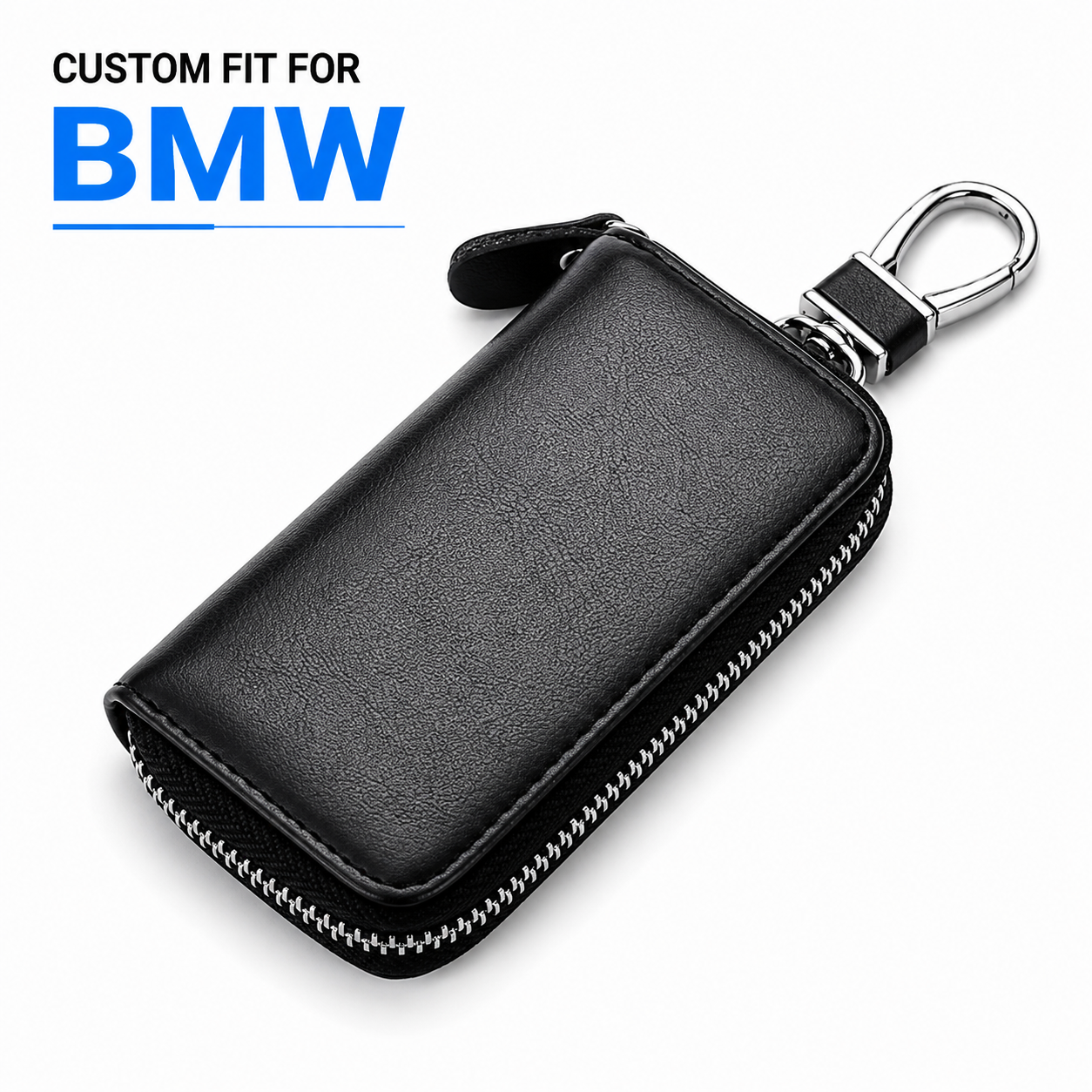 Custom Fit for BMW Luxury Leather Key Holder Wallet – Gender-Neutral Car Key Case with 6 Hooks, Zipper Closure & Card Slots - Delicate Leather