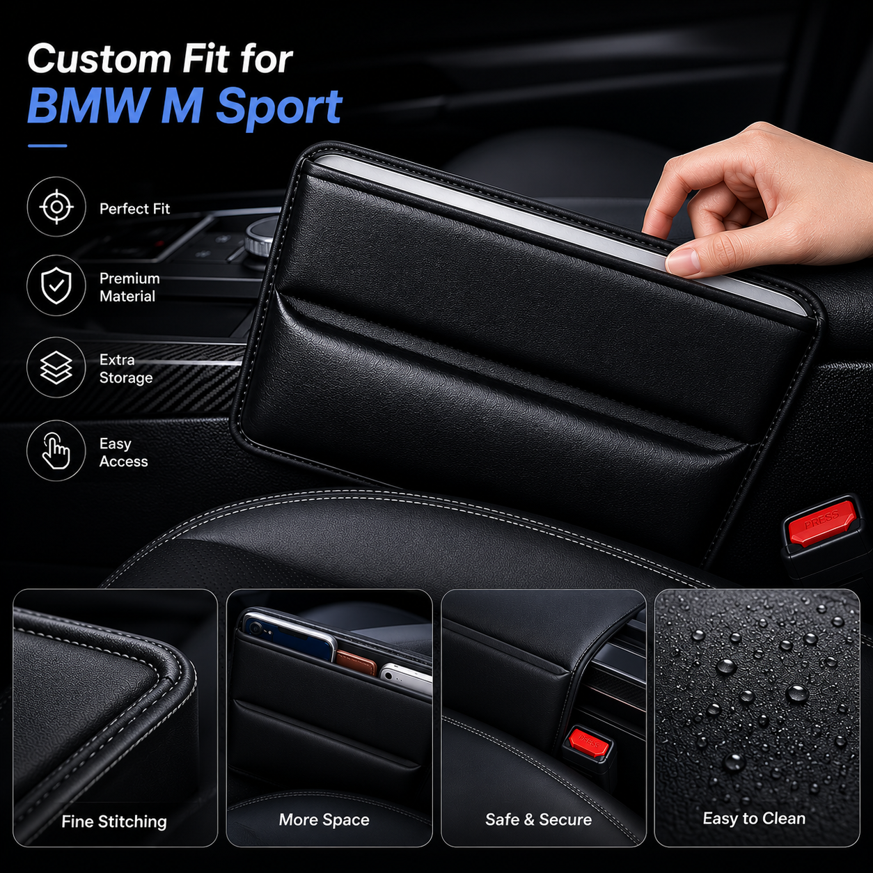 BMW M Sport Car Seat Gap Filler Organizer – PU Leather Console Side Pocket Storage for Phone, Wallet, Keys & Essentials - Delicate Leather