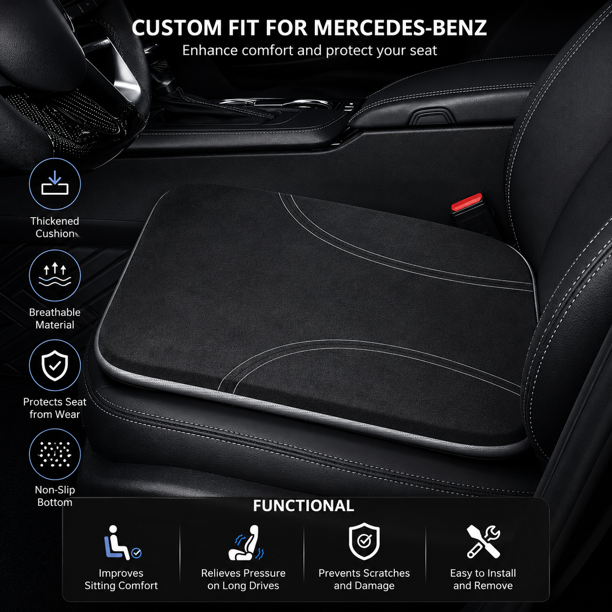 Mercedes-Benz Memory Foam Car Seat Cushion – Custom Fit Seat Pad for Enhanced Driving Comfort, Height Boost Support, Ergonomic Cushion for Car Seats, Office Chairs & Daily Use - Delicate Leather
