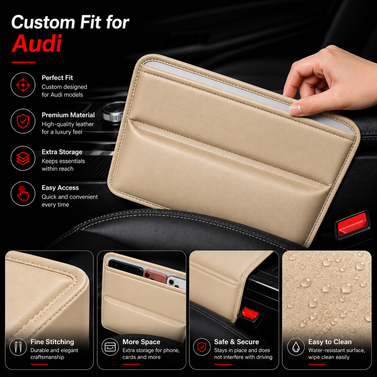 Custom Fit for Audi Car Seat Gap Filler Organizer – PU Leather Console Side Pocket Storage for Phone, Wallet & Keys - Delicate Leather