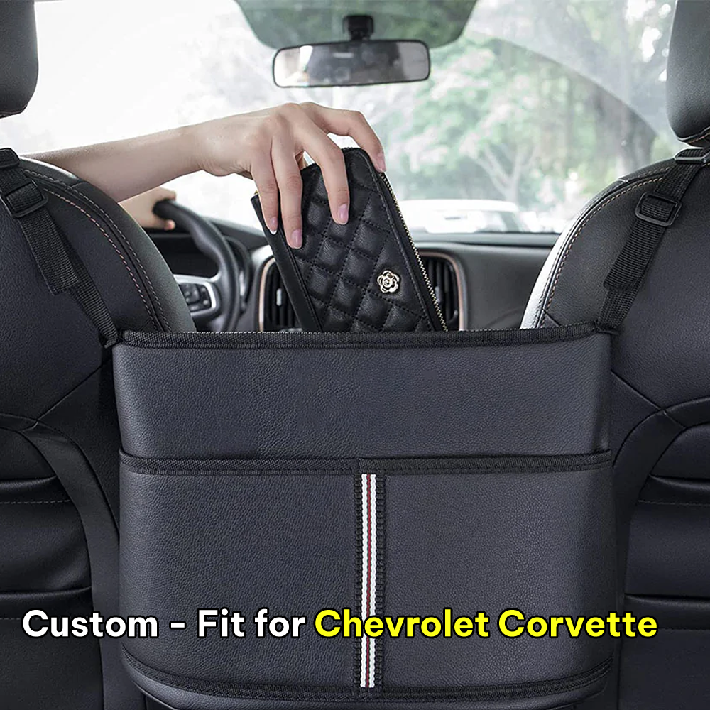 Car Purse Holder for Car Handbag Holder Between Seats Premium PU Leather, Custom Fit For Chevrolet Corvette, Hanging Car Purse Storage Pocket Back Seat Pet Barrier DLCC223 - Delicate Leather
