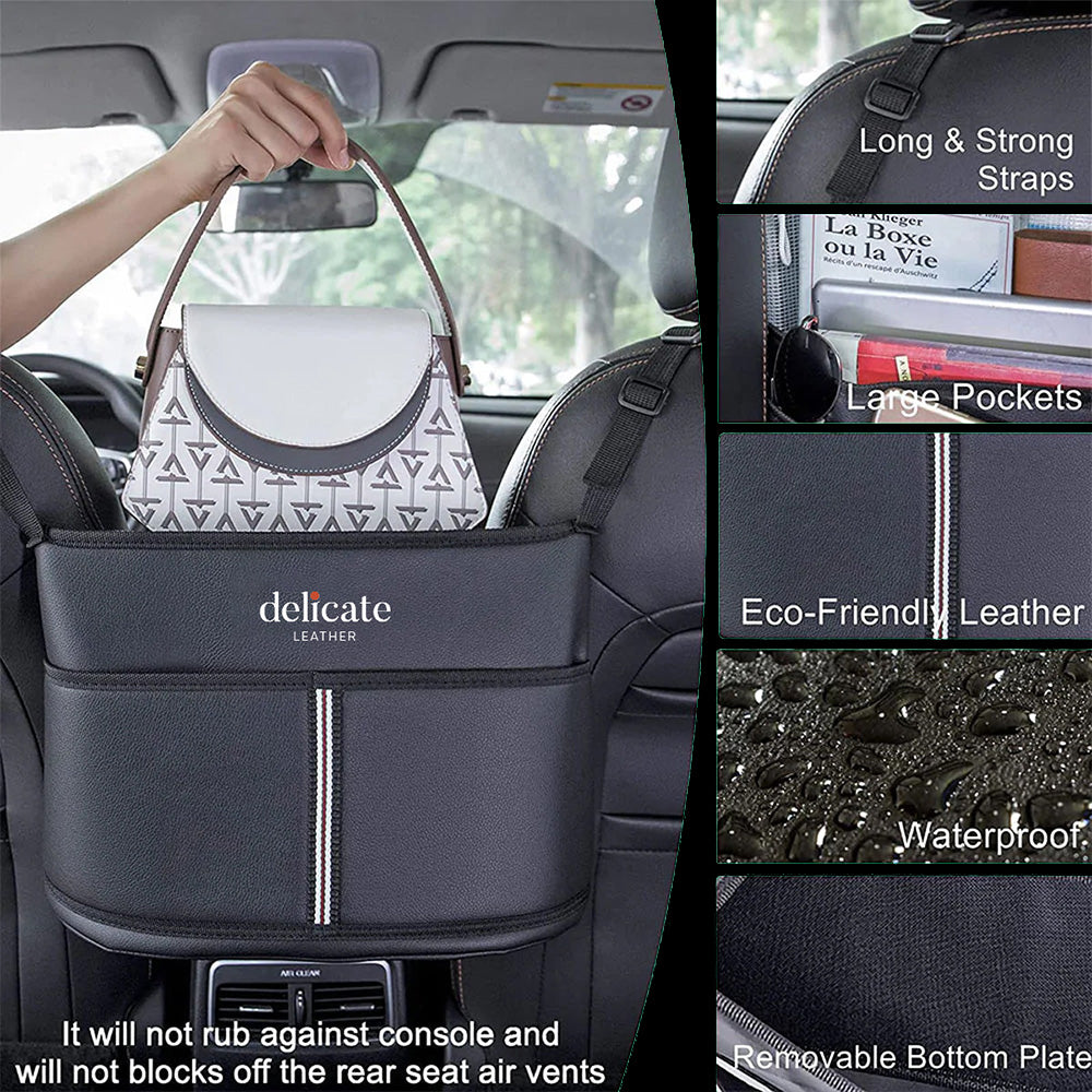 Delicate Leather Car Purse Holder for Car Handbag Holder Between Seats Premium PU Leather, Custom For Your Cars, Auto Driver Or Passenger Accessories Organizer, Hanging Car Purse Storage Pocket Back Seat Pet Barrier - Delicate Leather
