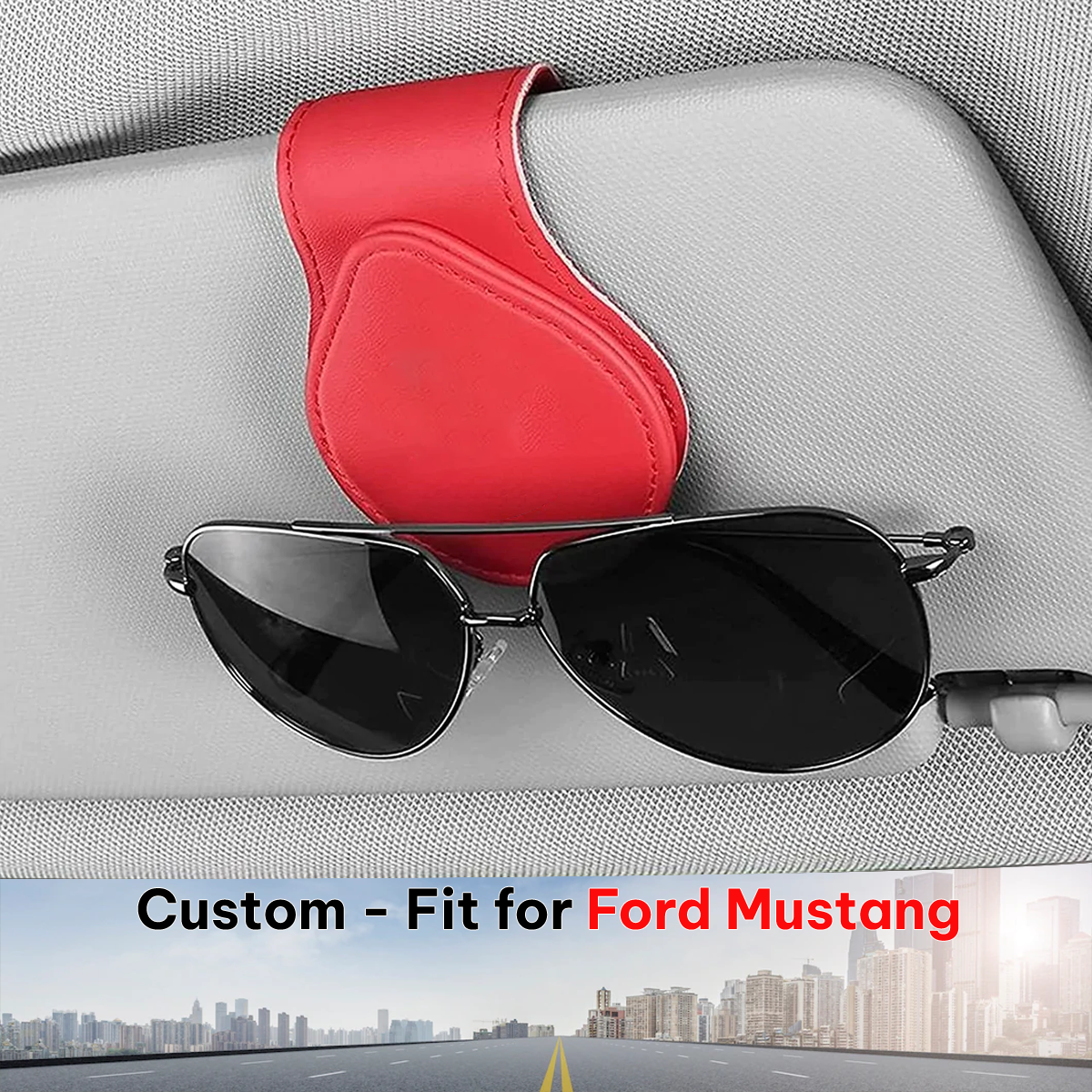 Car Sunglasses Holder, Custom-Fit For Ford Mustang, Magnetic Leather Glasses Frame 2024 Update DLFM230 - Delicate Leather