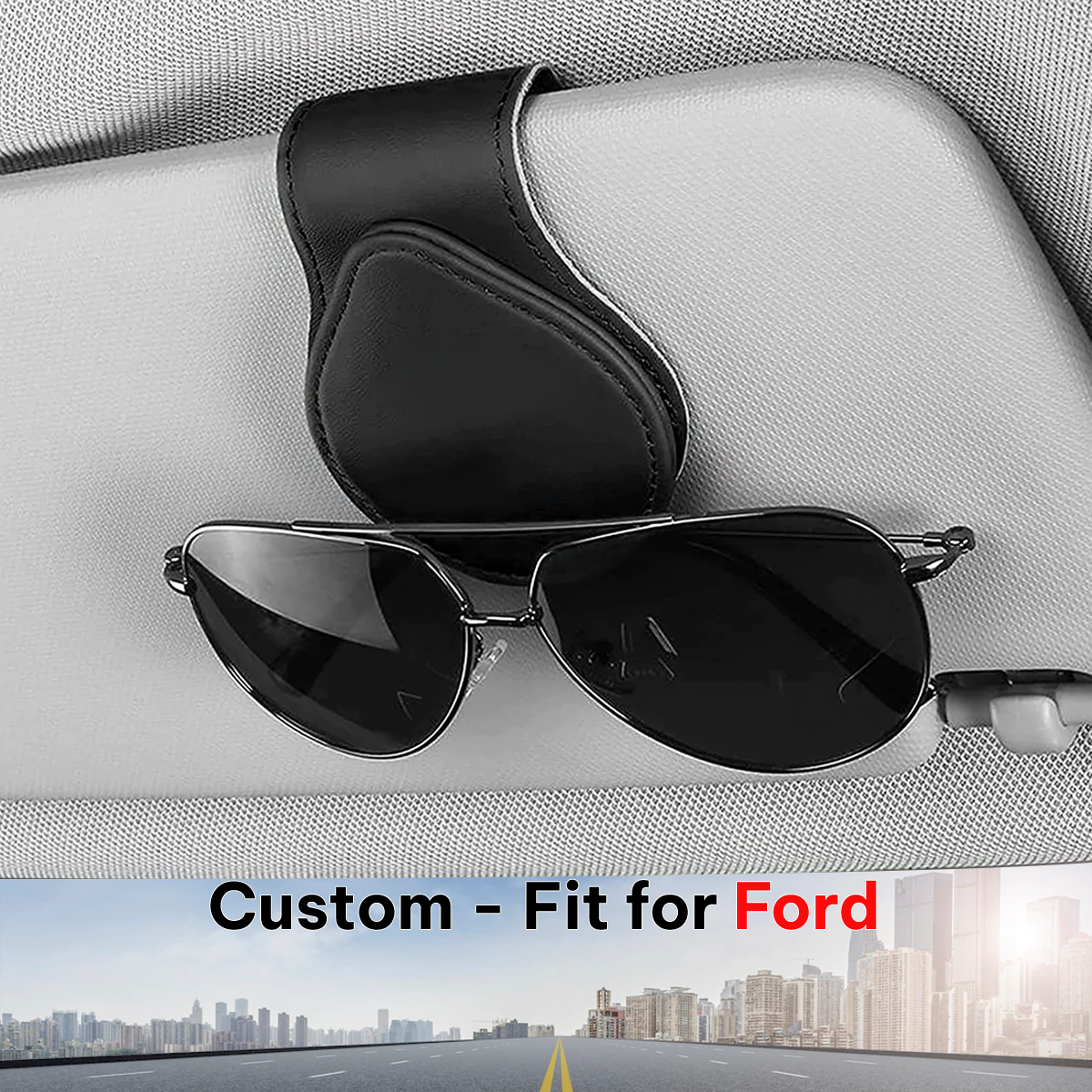 Car Sunglasses Holder, Custom-Fit For Ford, Magnetic Leather Glasses Frame 2024 Update DLFD230 - Delicate Leather