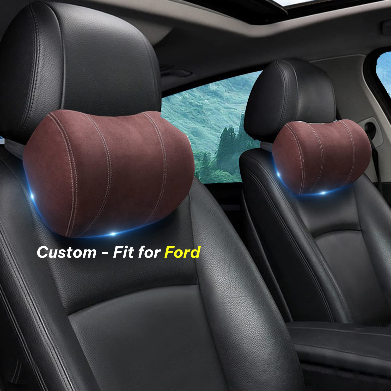 Car Headrest (2 PCS), Custom-Fit For Ford, Update Version Premium Memory Foam Car Neck Pillow DLFD227 - Delicate Leather