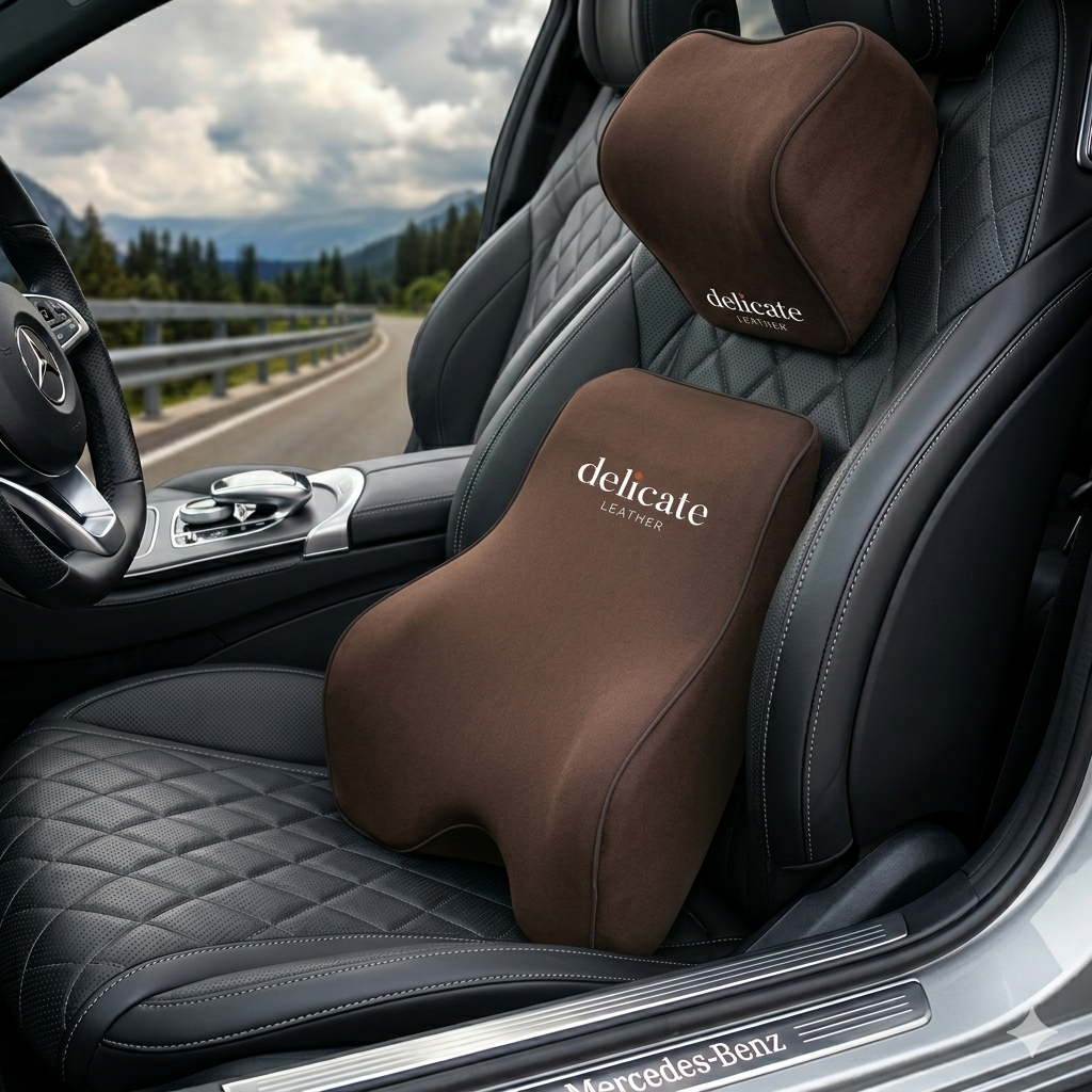 Lumbar Support Cushion for Car and Headrest Neck Pillow Kit, Custom For Cars, Ergonomically Design for Car Seat, Car Accessories MB13983 - Delicate Leather