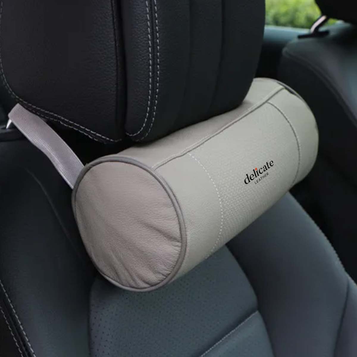 Premium Memory Foam Car Neck Pillow in Genuine Leather: Auto Cervical Round Roll Headrest Support Cushion Pad for Office Chairs and Cars in Elegant Black - Delicate Leather