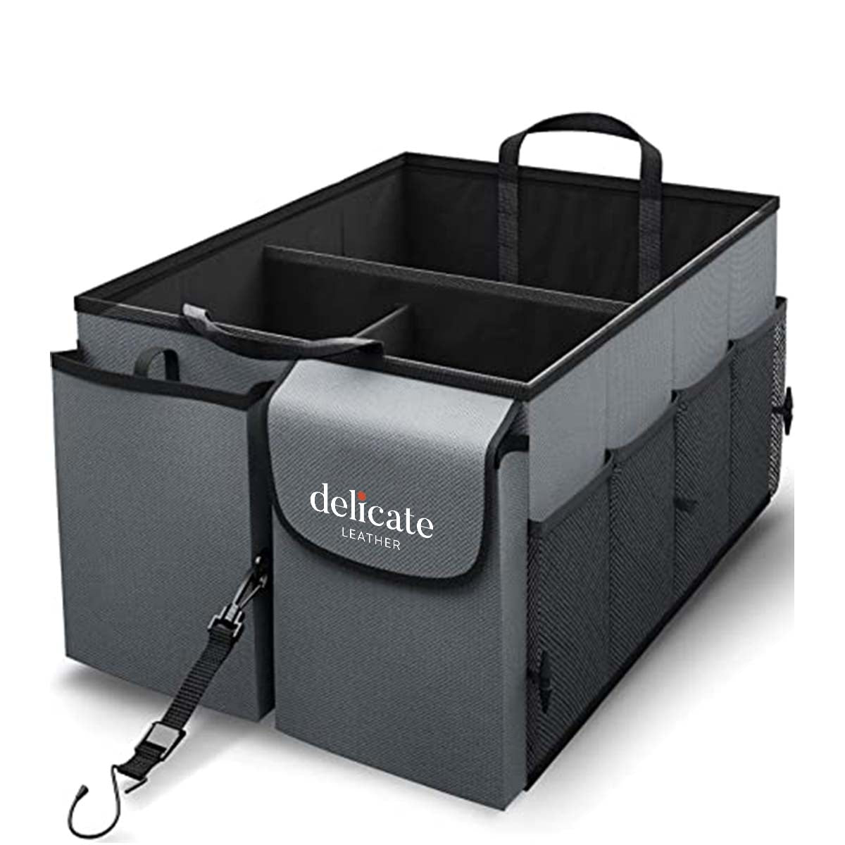 Delicate Leather Car Trunk Organizer - Collapsible, Custom fit for All Cars, Multi-Compartment Automotive SUV Car Organizer for Storage w/ Adjustable Straps - Car Accessories for Women and Men WQ12993