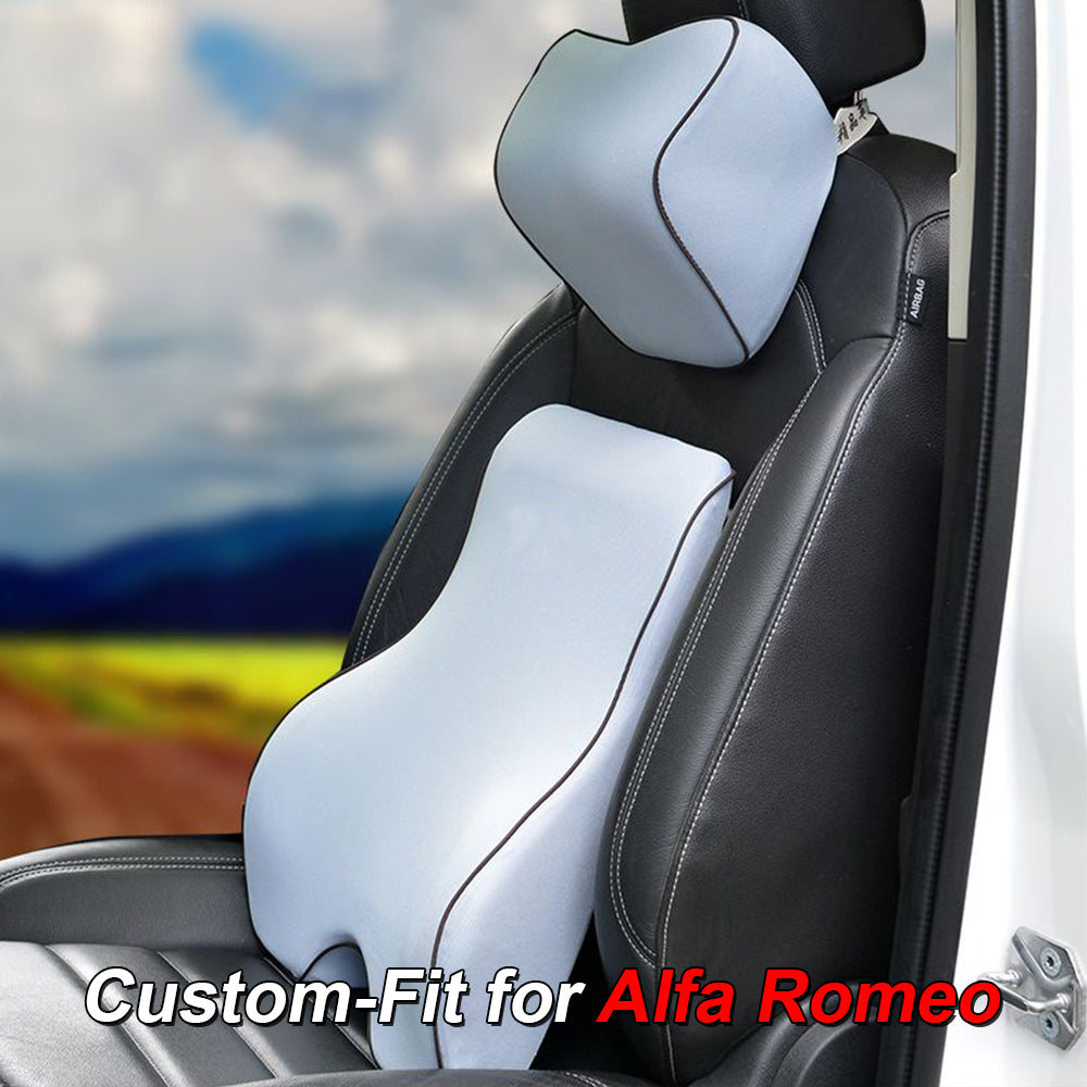 Lumbar Support Cushion for Car and Headrest Neck Pillow Kit, Custom-Fit For Alfa Romeo, Ergonomically Design for Car Seat, Car Accessories DLAR254 - Delicate Leather