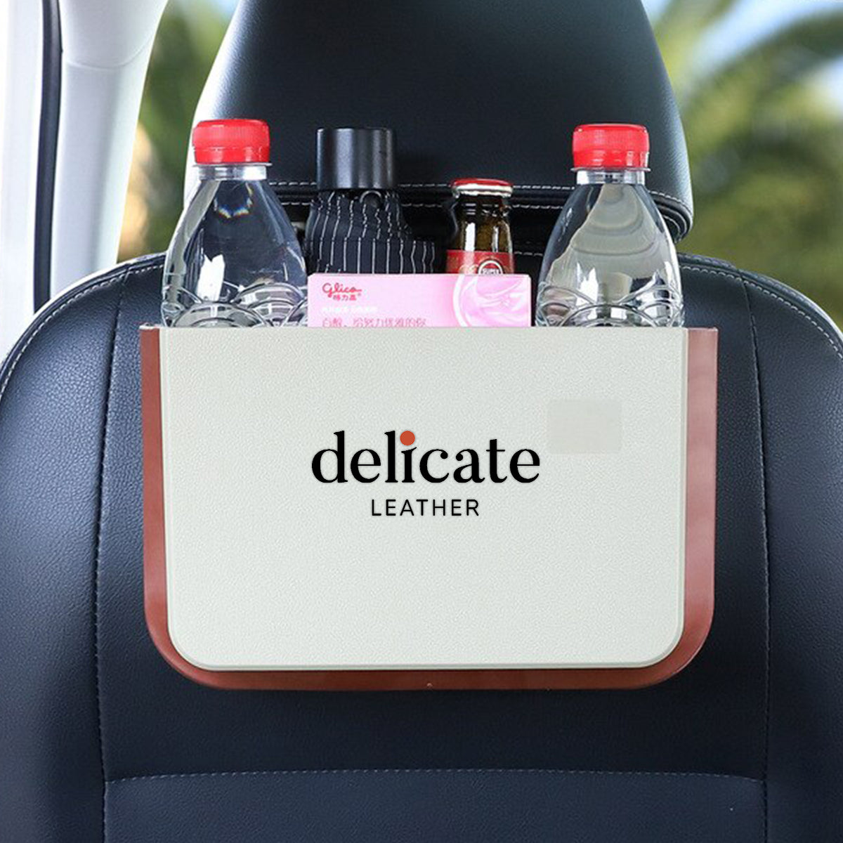 Delicate Leather Hanging Waterproof Car Trash can-Foldable, Custom For Your Cars, Waterproof, and Equipped with Cup Holders and Trays. Multi-Purpose, Car Accessories CC11992 - Delicate Leather
