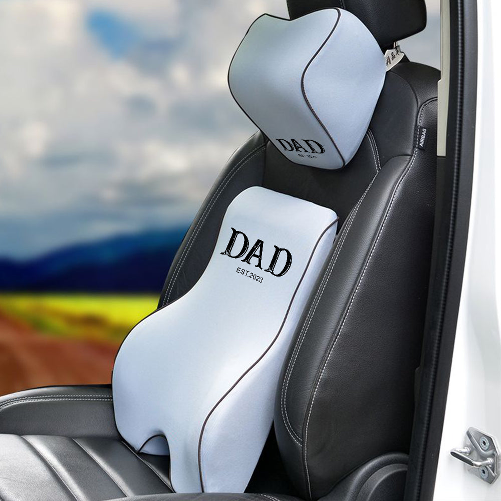 Personalized Lumbar Support Cushion for Car and Headrest Neck Pillow Kit, Custom For Cars, Daddy Est Year Lumbar Support Cushion, Happy Father's Day, Car Accessories - Delicate Leather