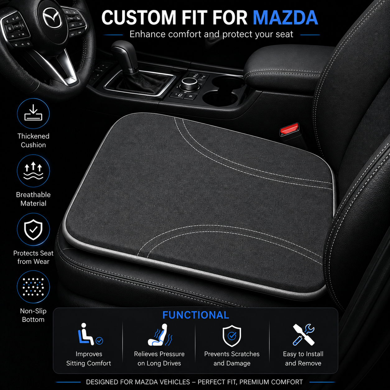 Car Seat Cushion, Custom Fit for Mazda, Memory Foam Seat Cushion, Heightening Seat Cushion for Car and Office Chair - Delicate Leather