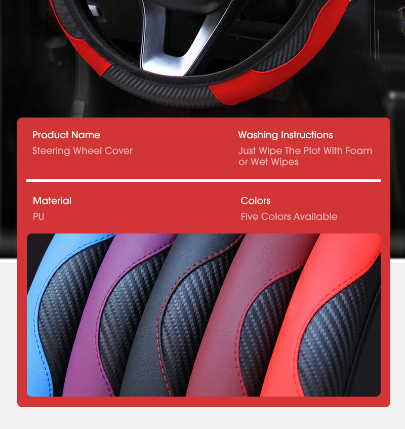 Car Steering Wheel Cover - Breathable Anti-Slip PU Leather Carbon Fiber Steering Cover - Delicate Leather