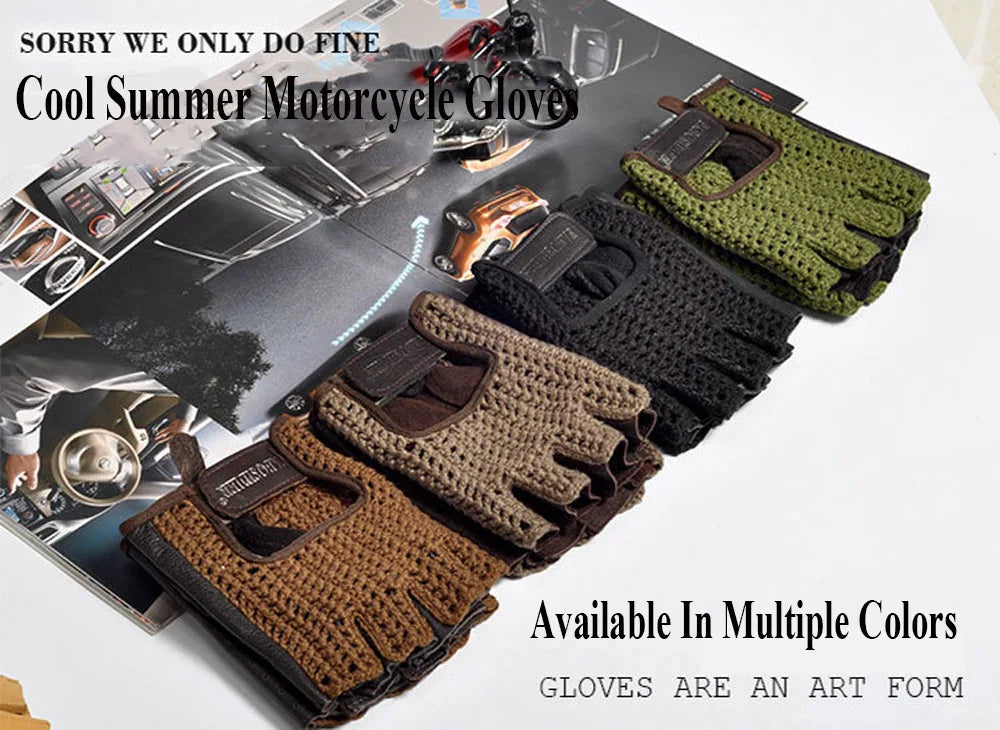 Leather Mesh Fingerless Gloves - Motocross, Fishnet, Car Driving, Tactical, Motorcycle Accessories, Work, Cycling Men's Gloves - Delicate Leather