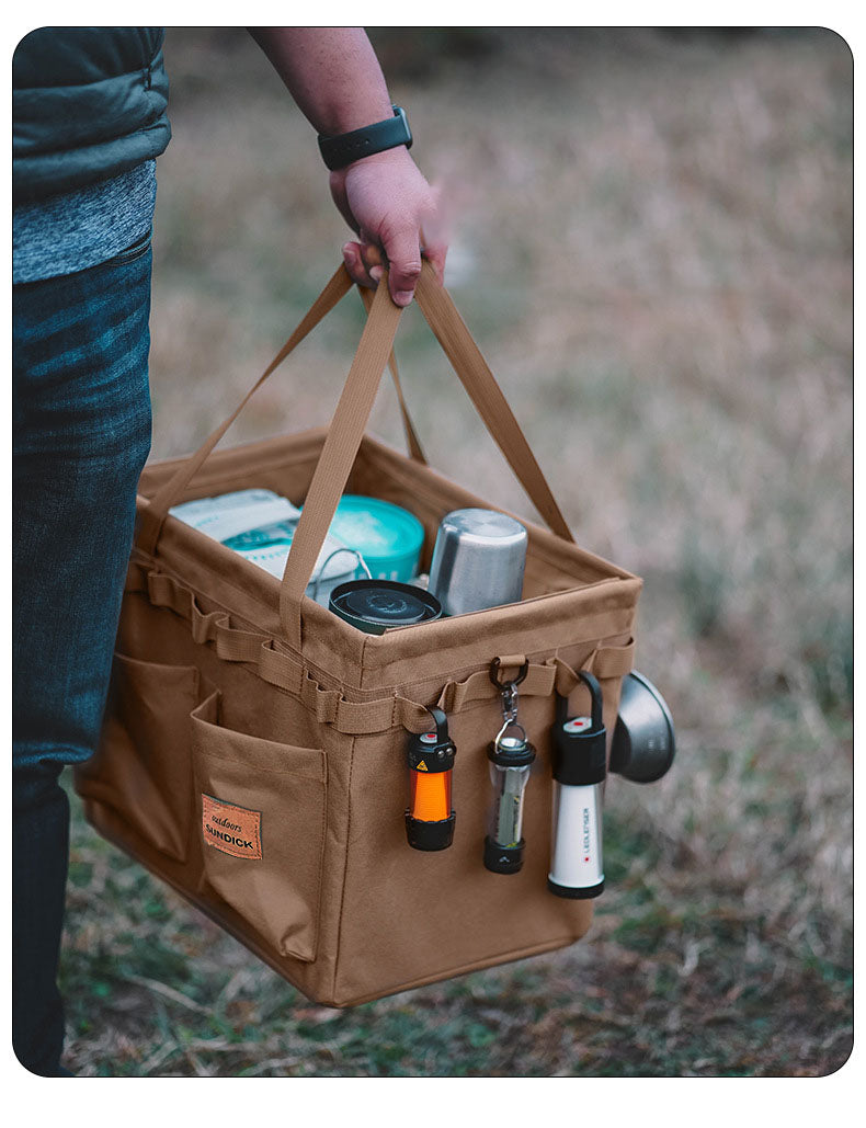 Outdoor Carrying Box Folding Tote Bag - Portable Travel Storage Organizer for Camping Tools, Tableware, and Sundries - Delicate Leather