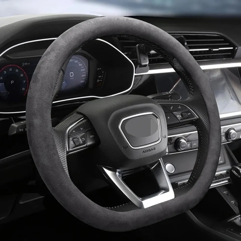 Cowhide Suede Steering Wheel Cover Wrap - Universal 37-38cm Breathable Steering Cover - Delicate Leather