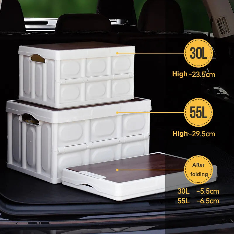 Car Storage Box Made of Durable Plastic Material with Wooden Lid - Ideal for Camping and Storage Needs - Delicate Leather