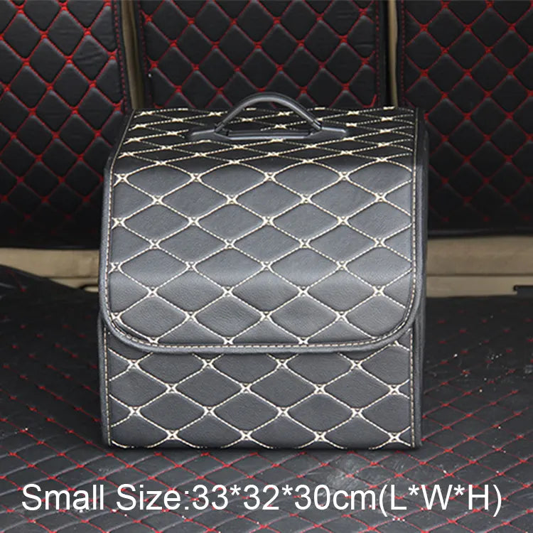 Collapsible Car Storage Organizer with Lid - PU Leather Trunk Storage Box for Auto Cargo - Delicate Leather
