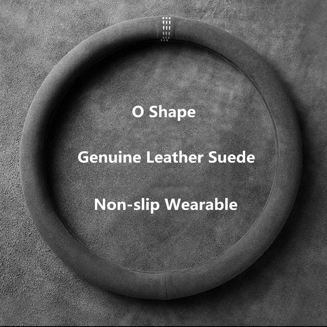 Cowhide Suede Steering Wheel Cover Wrap - Universal 37-38cm Breathable Steering Cover - Delicate Leather