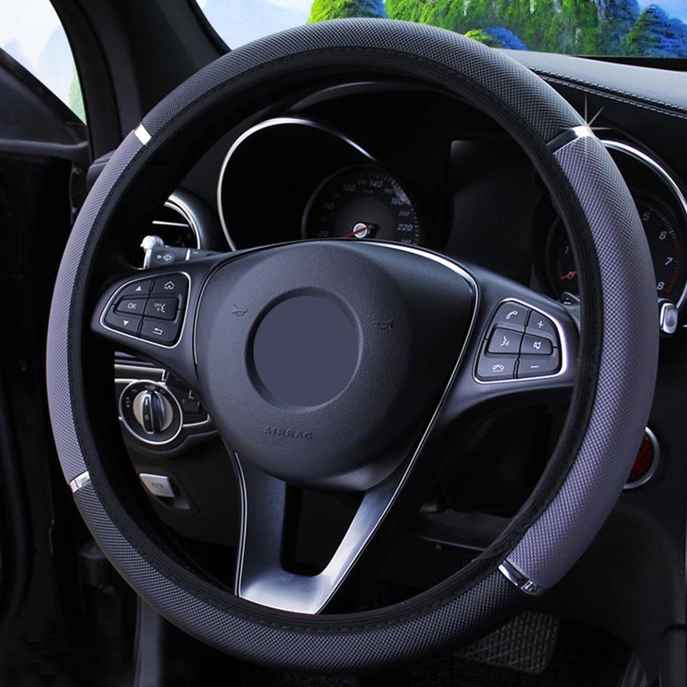Universal Car Steering Wheel Cover - Metal Strip Anti-Slip Pattern Faux Leather - Delicate Leather