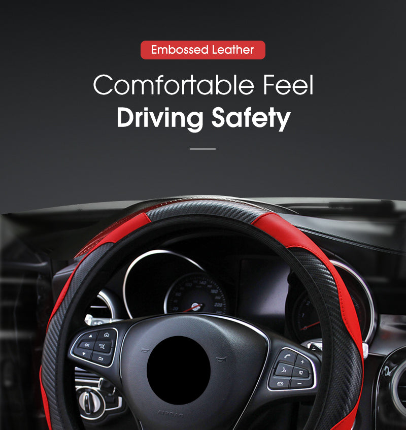 Car Steering Wheel Cover - Breathable Anti-Slip PU Leather Carbon Fiber Steering Cover - Delicate Leather