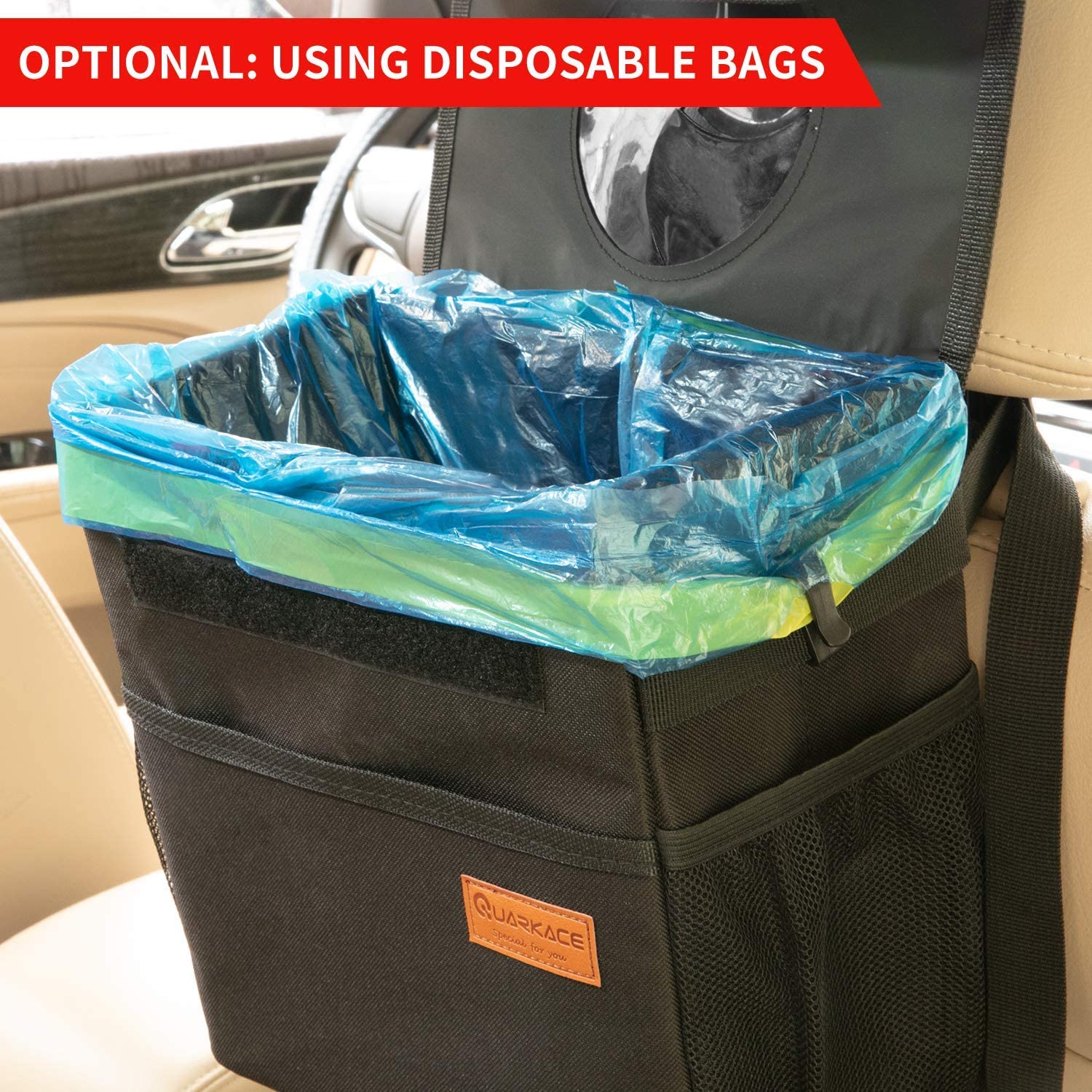Custom Leakproof Collapsible Hanging Car Seat Garbage Organizer Can - Car Trash Bin with Lid - Delicate Leather