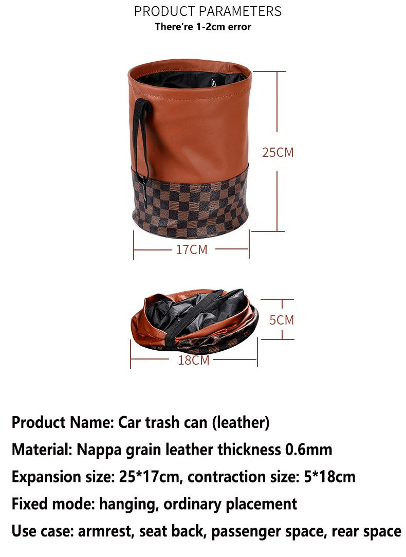Waterproof Leather Car Trash Can - Foldable and Portable Garbage Organizer for Auto Seat Back Headrest, Compact 17x25cm Automotive Dust Bin and Storage Bag - Delicate Leather