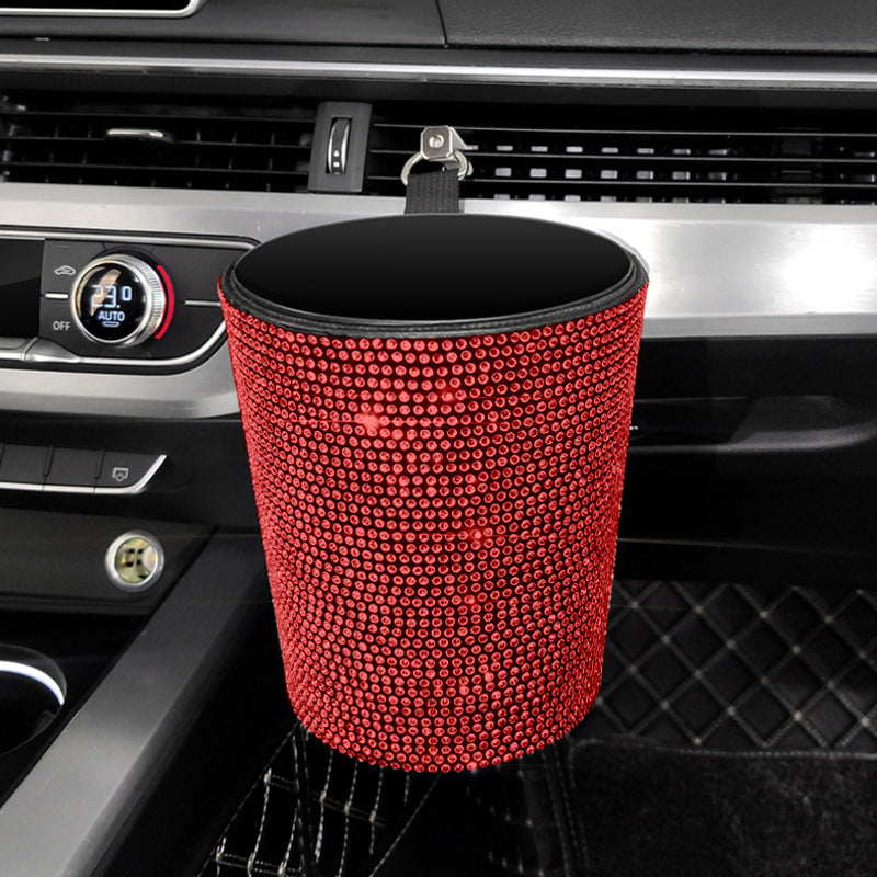 Rhinestone Car Trash Bin - Mini Auto Outlet Air Vent Organizer Rubbish Bag Crystal Garbage Container Storage Box, Car Accessories - Delicate Leather